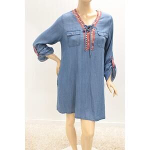 New CRIMSON IN GRACE Boho Tunic Dress Womens Medium Blue Denim Tab Sleeve V Neck